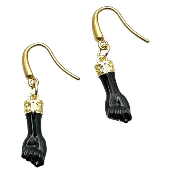 18K Gold Plated Black Enamel Figa Fist Earrings Pierced Chandelier - Picture 1 of 4